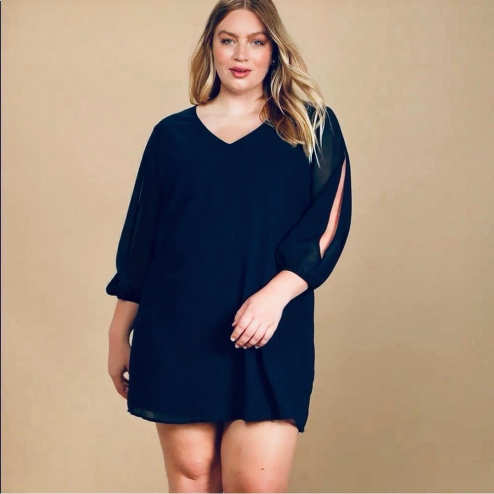 Lulu’s Blue Shifting Dears 3/4 Sleeve Chiffon Cold Shoulder Shift Dress Large
